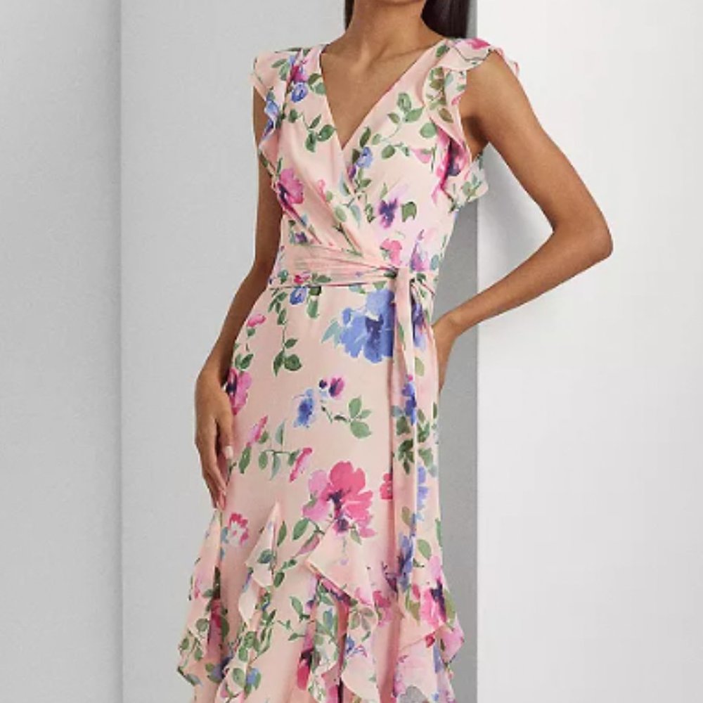 Ralph Lauren Floral Ruffled Trim Georgette Gown Size 8